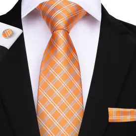 Beautiful  Orange Plaid Men's Tie Pocket Square Cufflinks Set