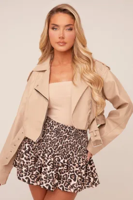 Beige Faux Leather Biker Jacket - Loden