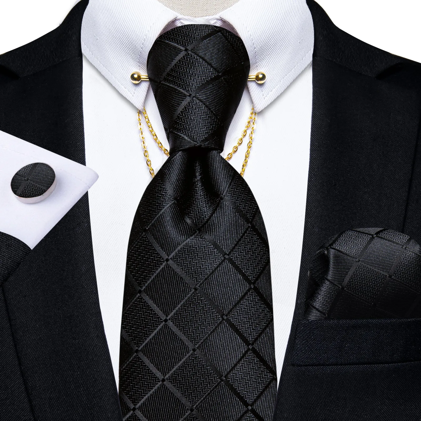 Black Plaid Tie Handkerchief Cufflinks Set with Collar Pin