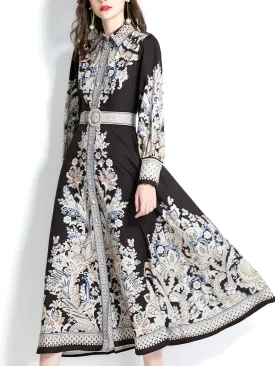 Black Turndown Collar Floral Printed Boho Dress Maxi Dress