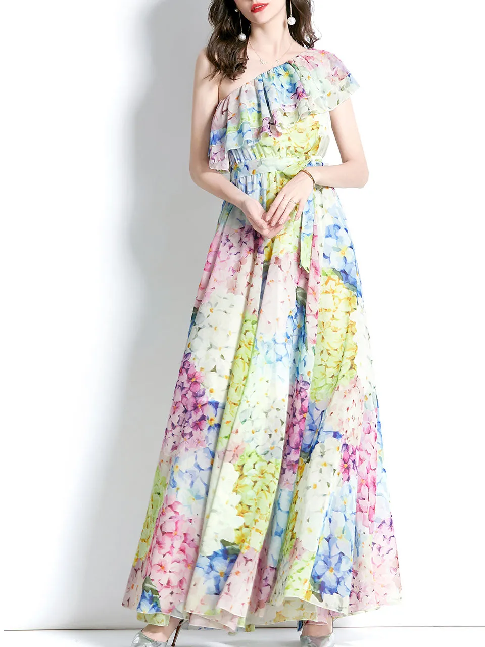 Blue And Yellow One Shoulder Rose Floral Print Boho Dress Maxi Dress