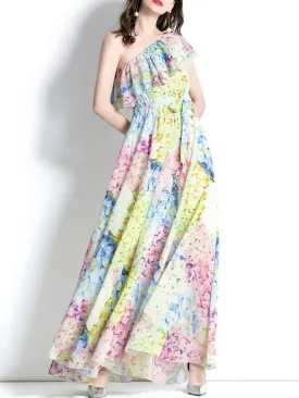 Blue And Yellow One Shoulder Rose Floral Print Boho Dress Maxi Dress