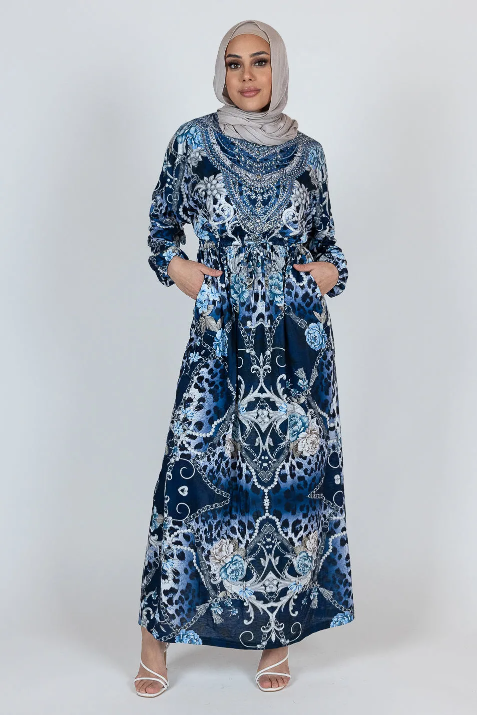 Blue Paisley Floral Beaded Dress