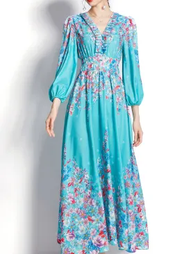 Blue V Neck Floral Print Trumpet Sleeve Bohemian Dress Maxi Dress