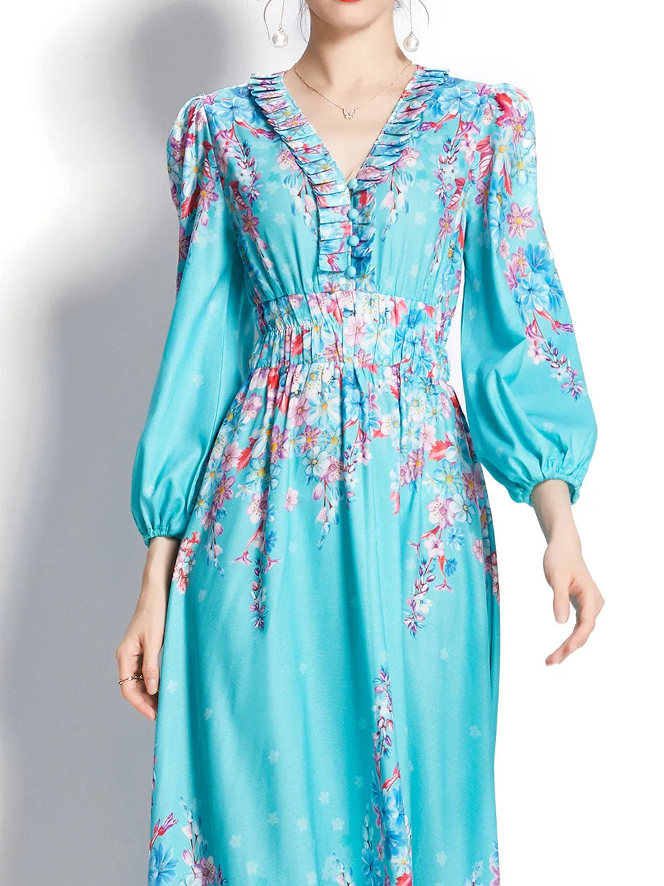 Blue V Neck Floral Print Trumpet Sleeve Bohemian Dress Maxi Dress