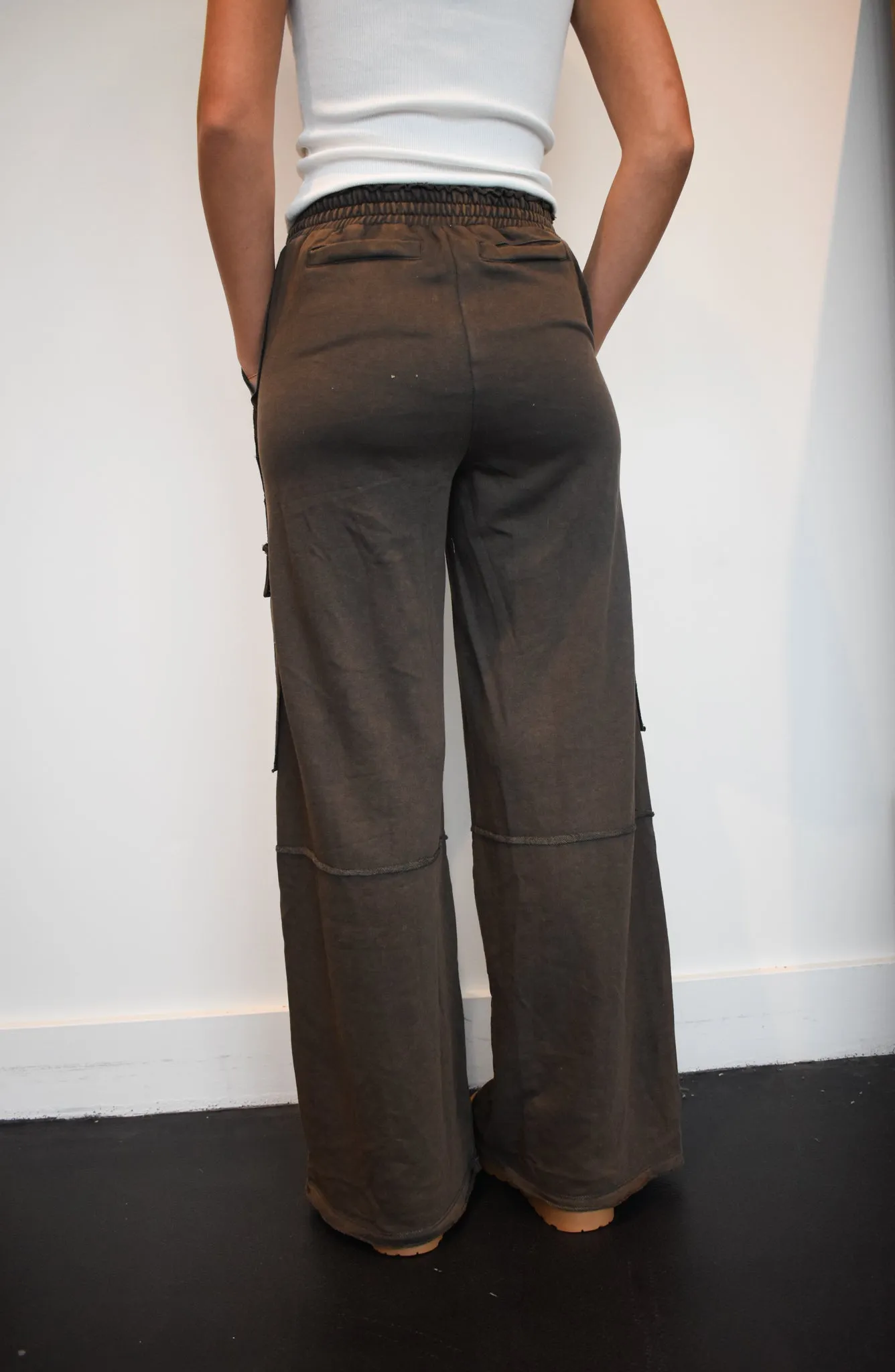 Brown Cargo Wide Leg Sweat Pant