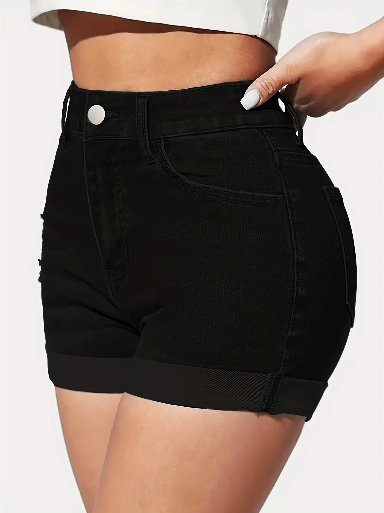 Chic Woven Denim Shorts - Stretchy High-Waist Zip & Cuffed Hem, Machine Washable Sexy Summer Essentials for Women