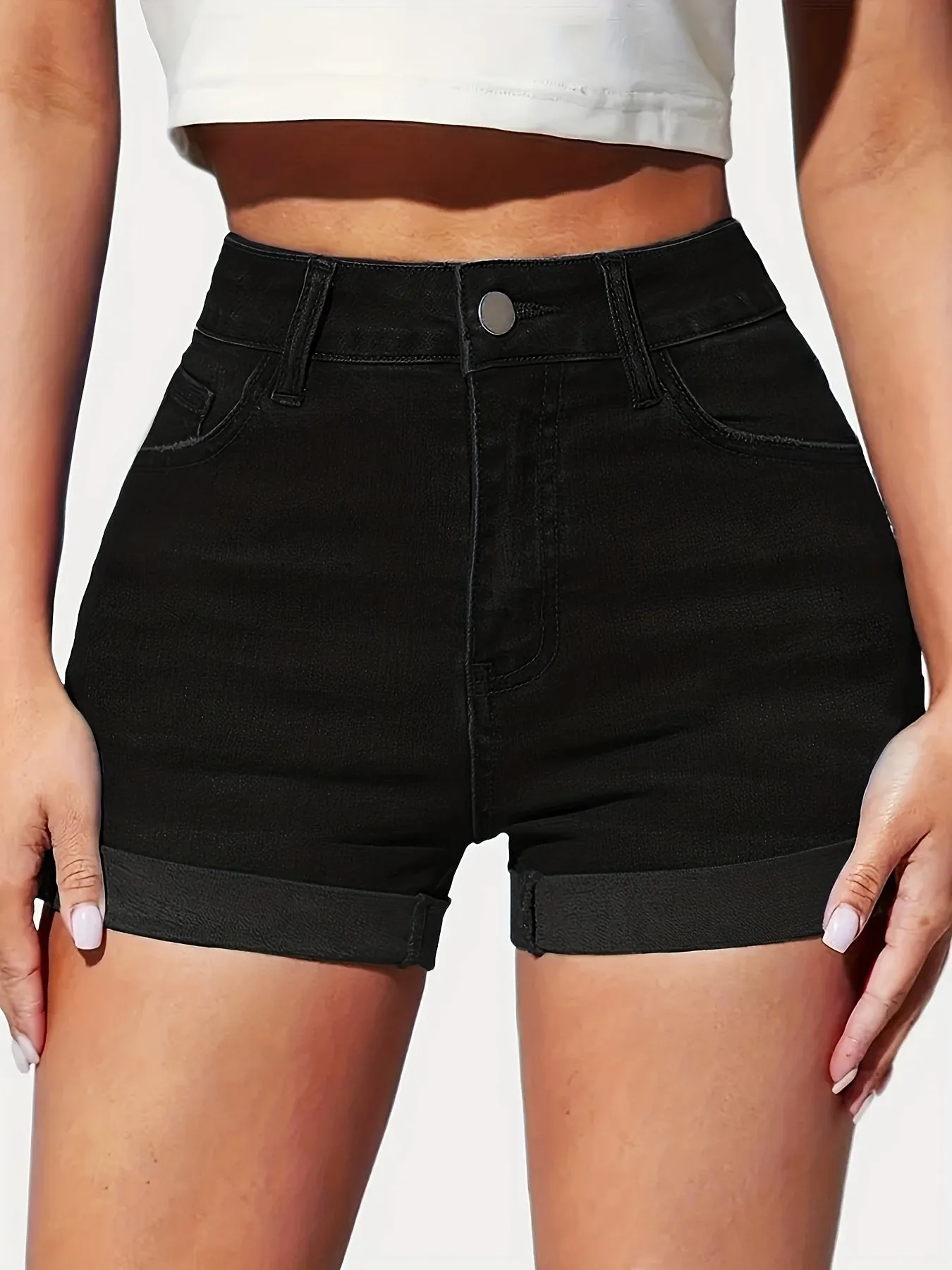 Chic Woven Denim Shorts - Stretchy High-Waist Zip & Cuffed Hem, Machine Washable Sexy Summer Essentials for Women