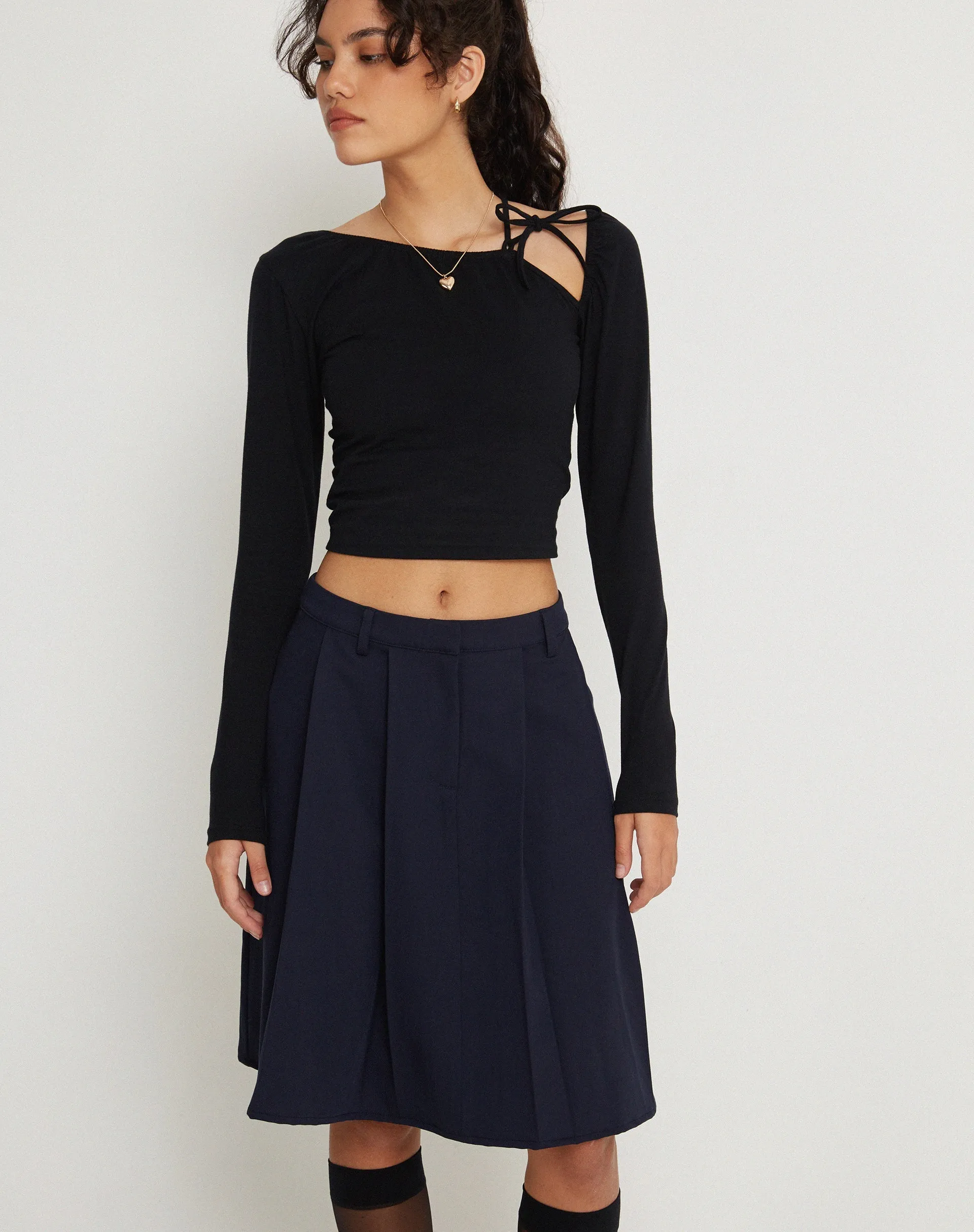 Colette Pleated Knee Length Skirt in Navy