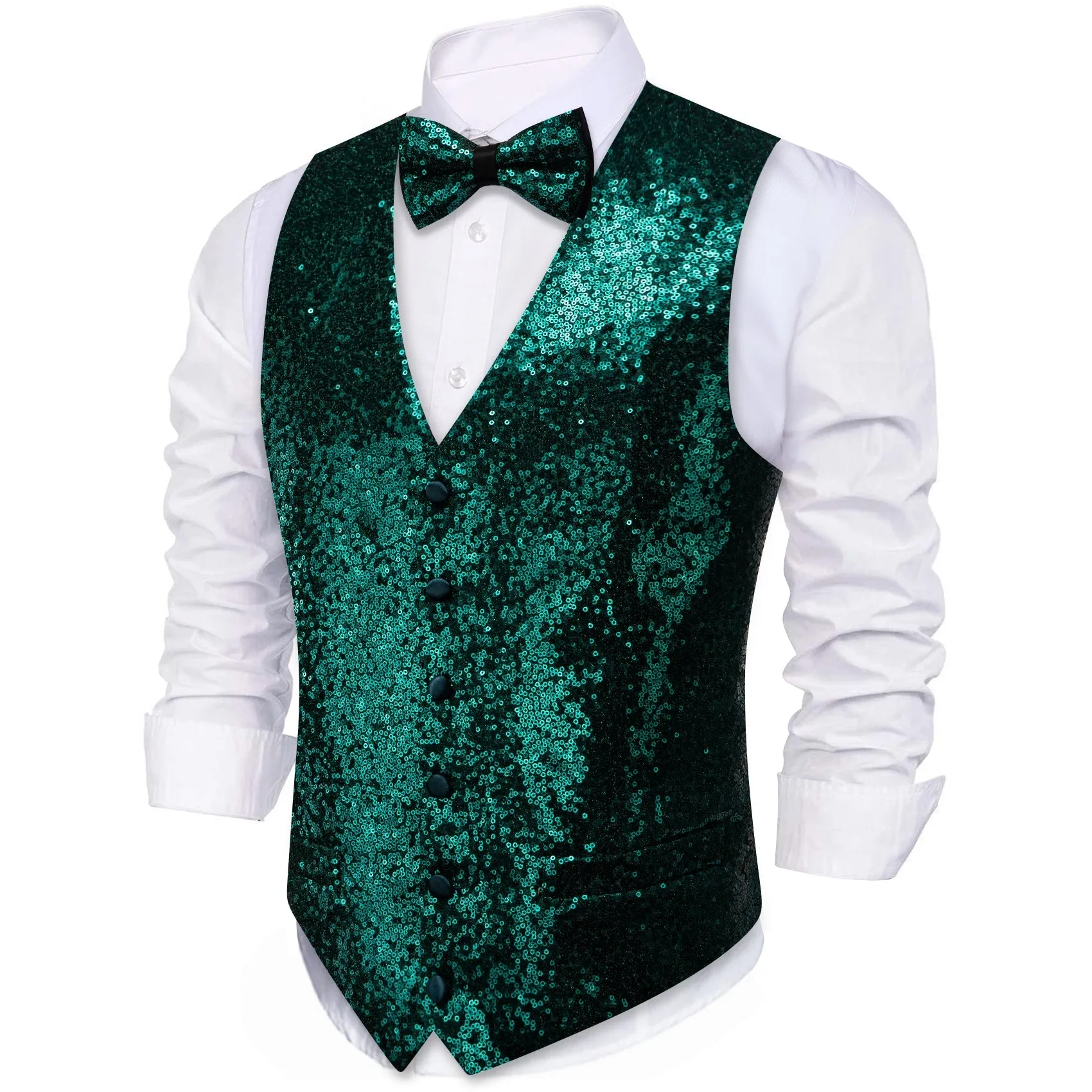 Dark Green Sequins Silk Men's Vest Hanky Cufflinks Bow Tie Set