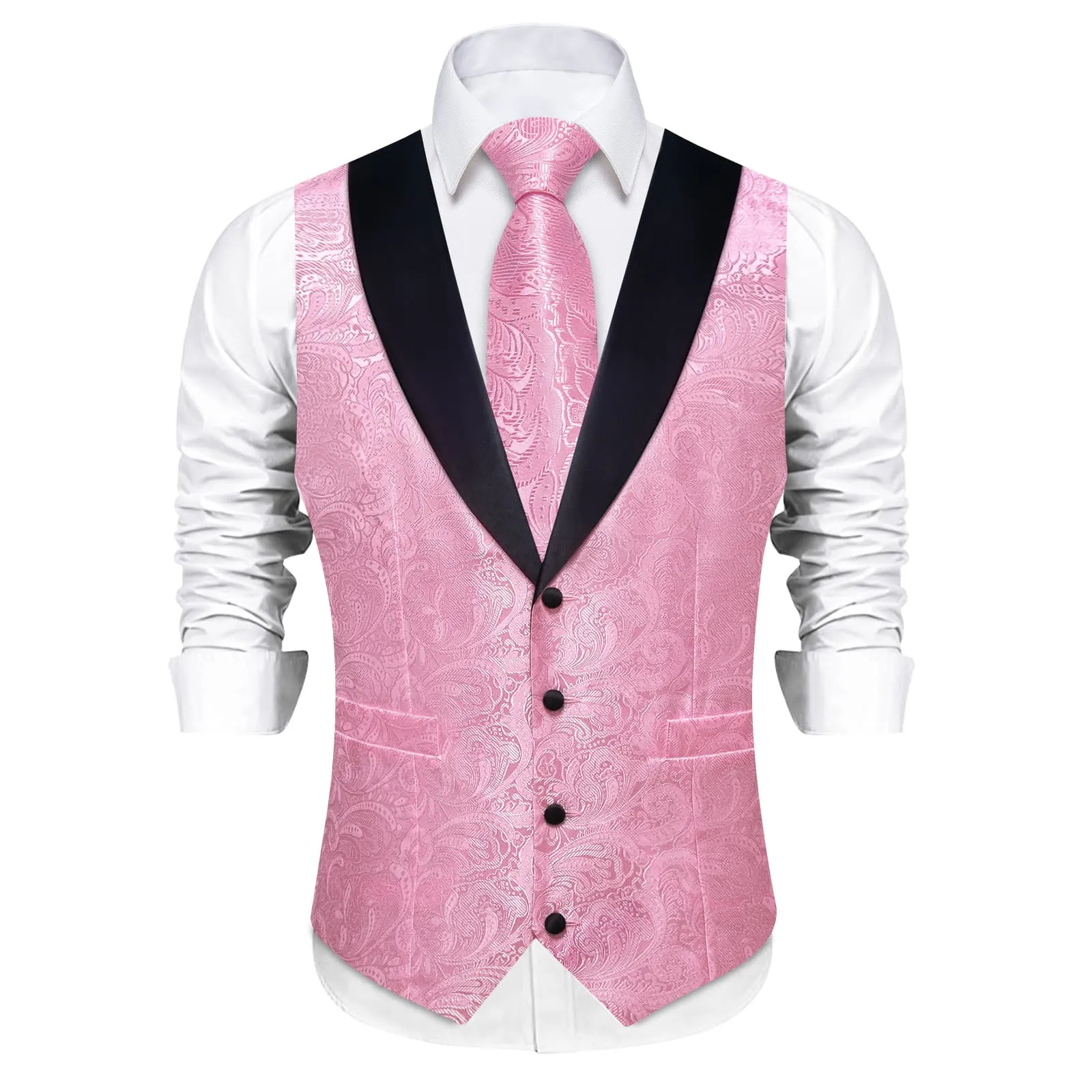 DiBanGu Baby Pink Floral Silk Shawl Collar Mens Dress Vest Tie Set