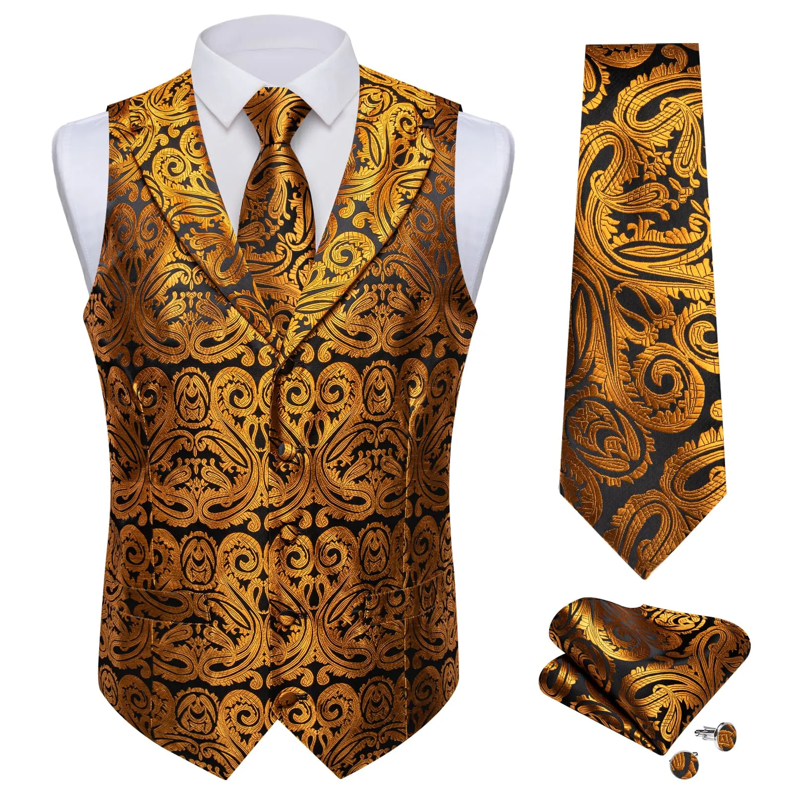 DiBanGu Black Gold Paisley Notched Collar Silk Mens Dress Vest Tie Set