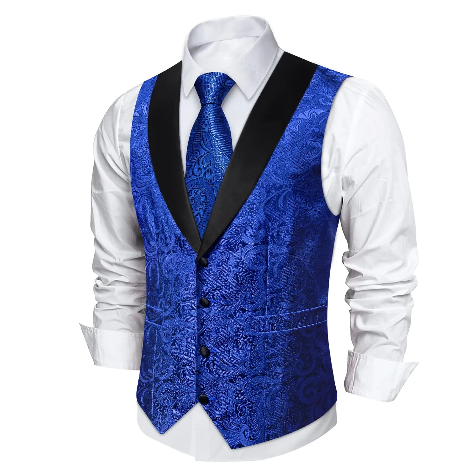 DiBanGu Cobalt Blue Floral Silk Shawl Collar Mens Dress Vest Tie Set