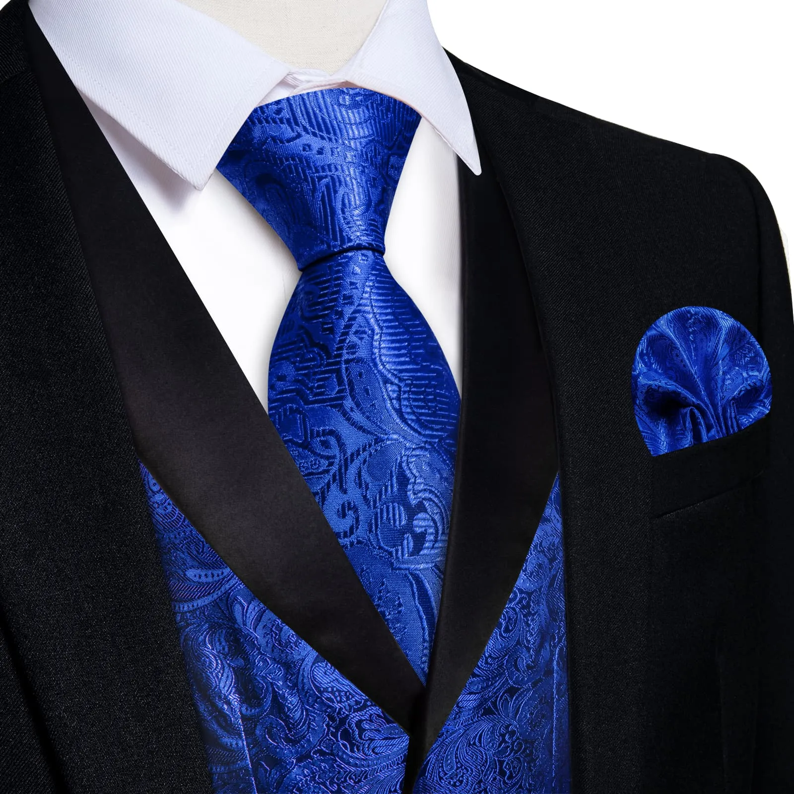 DiBanGu Cobalt Blue Floral Silk Shawl Collar Mens Dress Vest Tie Set