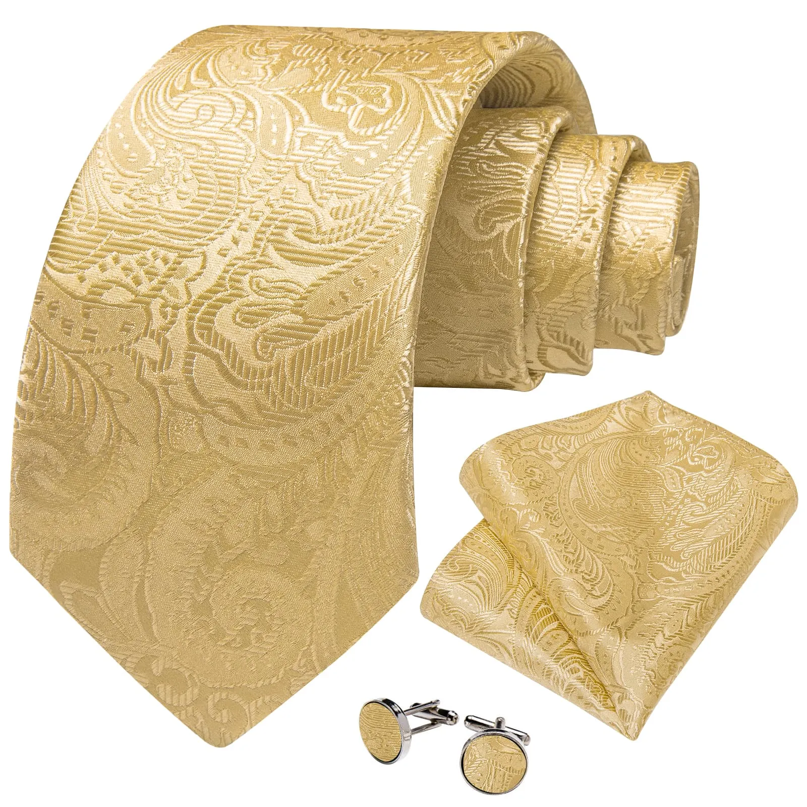 DiBanGu Dark Champagne Floral Silk Mens Tie Pocket Square Cufflinks Set