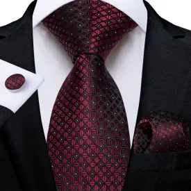 DiBanGu Dress Tie Burgundy Plaid Men's Silk Tie Pocket Square Cufflinks Set