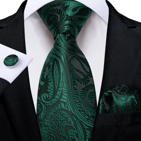 DiBanGu Dress Tie Deep Green Paisley Men's Silk Tie Handkerchief Cufflinks Set