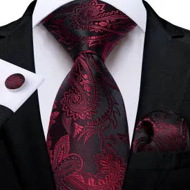 DiBanGu Dress Tie Deep Red Paisley Men's Silk Tie Handkerchief Cufflinks Set