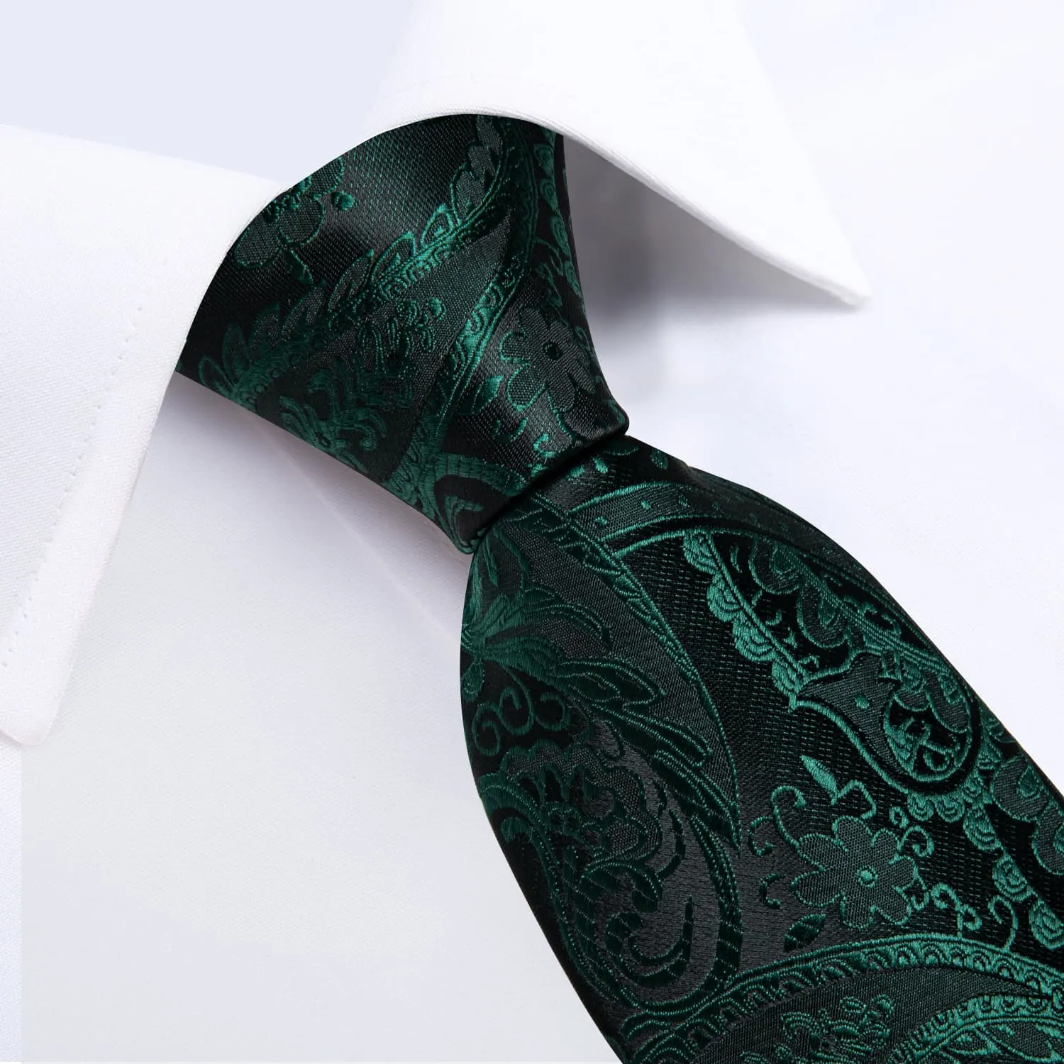 DiBanGu Dress Tie Sapphire Pine Green Paisley Men's Silk Tie Hanky Cufflinks Set