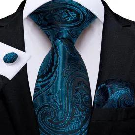 DiBanGu Dress Tie Teal Floral Men's Silk Tie Handkerchief Cufflinks Set