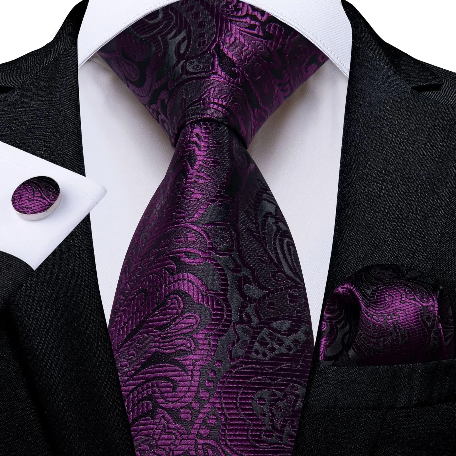 DiBanGu Dress Tie Tyrian Purple Floral Mens Silk Business Work Tie Handkerchief Cufflinks Set