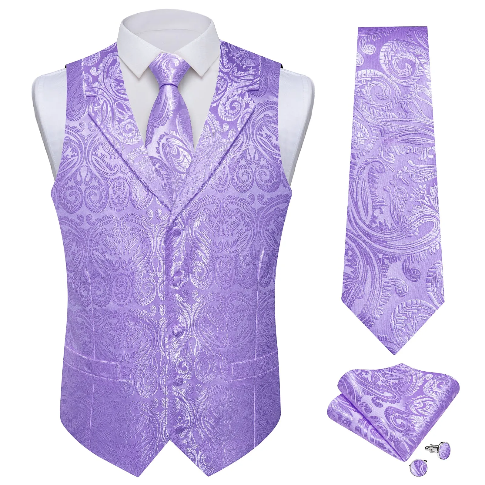 DiBanGu Lavender Purple Paisley Notched Collar Silk Mens Vest Tie Set