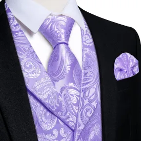 DiBanGu Lavender Purple Paisley Notched Collar Silk Mens Vest Tie Set