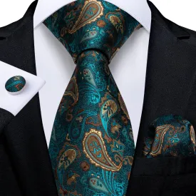 DiBanGu Men's Tie Deep Teal Paisley Silk Tie Handkerchief Cufflinks Set