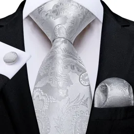 DiBanGu Silk Necktie Light Grey Paisley Mens Dress Tie Pocket Square Cufflinks Set