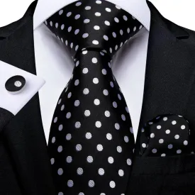 DiBanGu Silk Tie Black White Polka Dot Tie Handkerchief Cufflinks Set Business Necktie