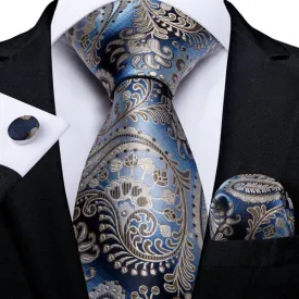 DiBanGu Silk Tie Blue Brown Paisley Necktie Handkerchief Cufflinks Set for Men