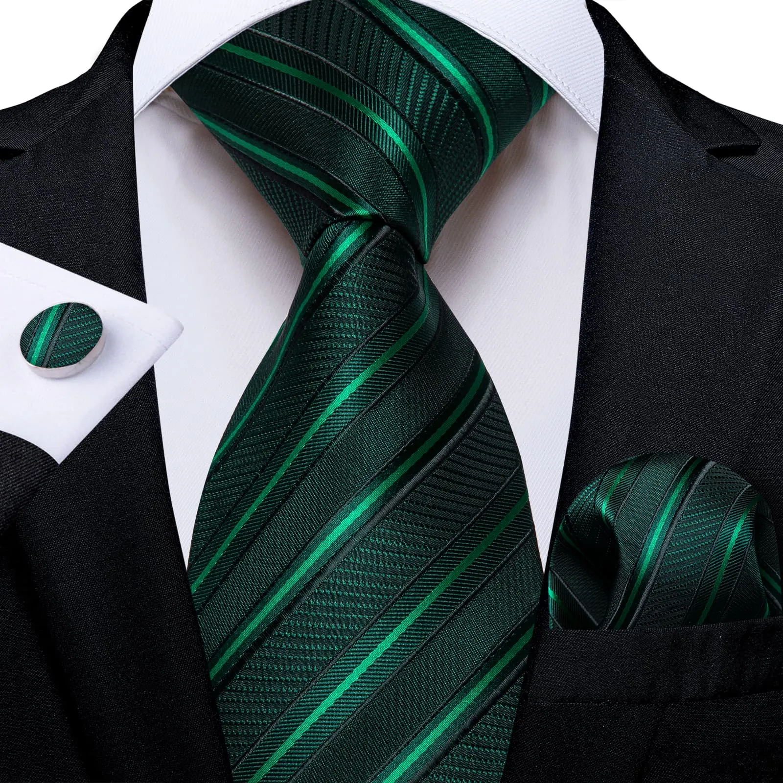 DiBanGu Silk Tie Sapphire Pine Green Striped Lazy Easy-pull Mens Dress Tie Hanky Cufflinks Set