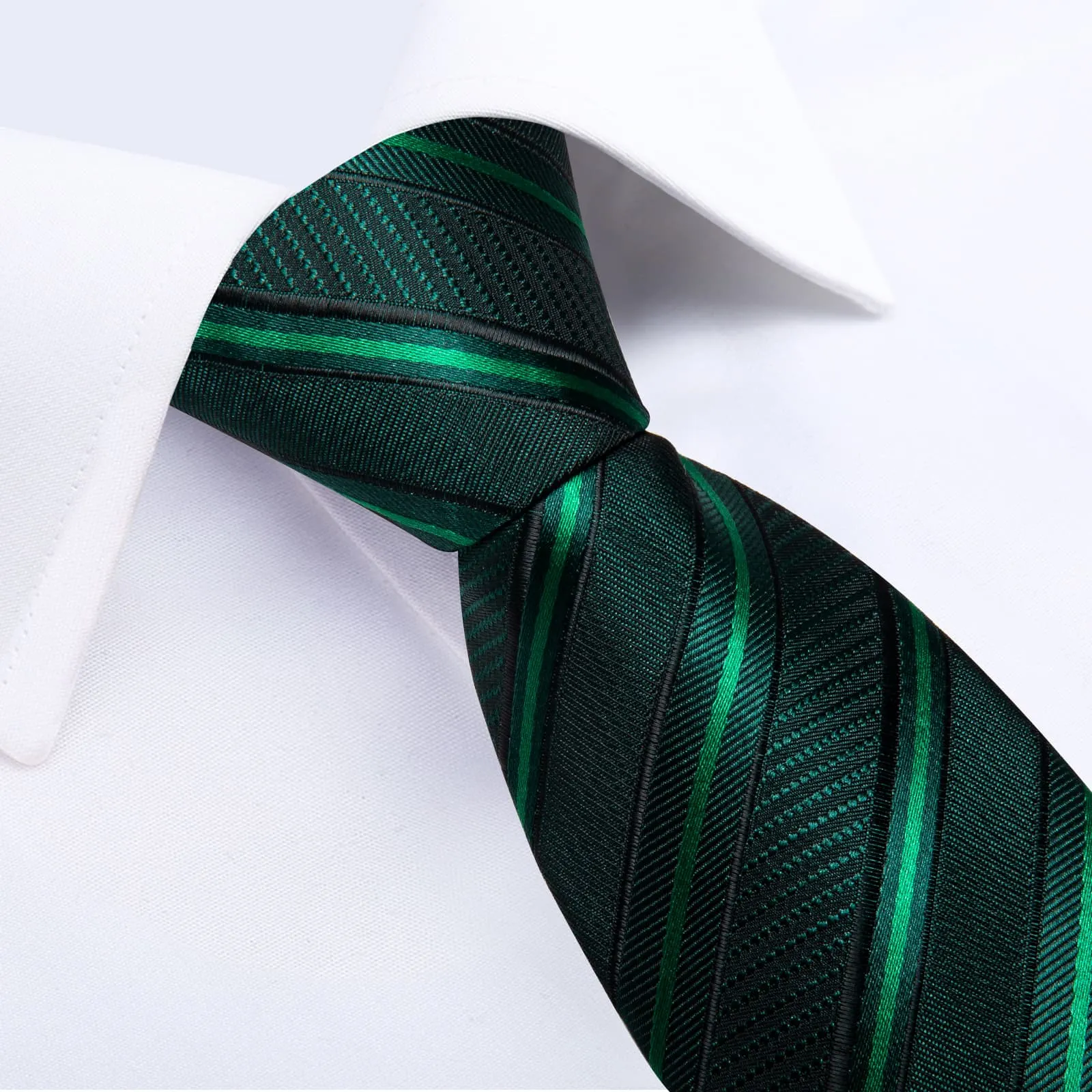 DiBanGu Silk Tie Sapphire Pine Green Striped Lazy Easy-pull Mens Dress Tie Hanky Cufflinks Set