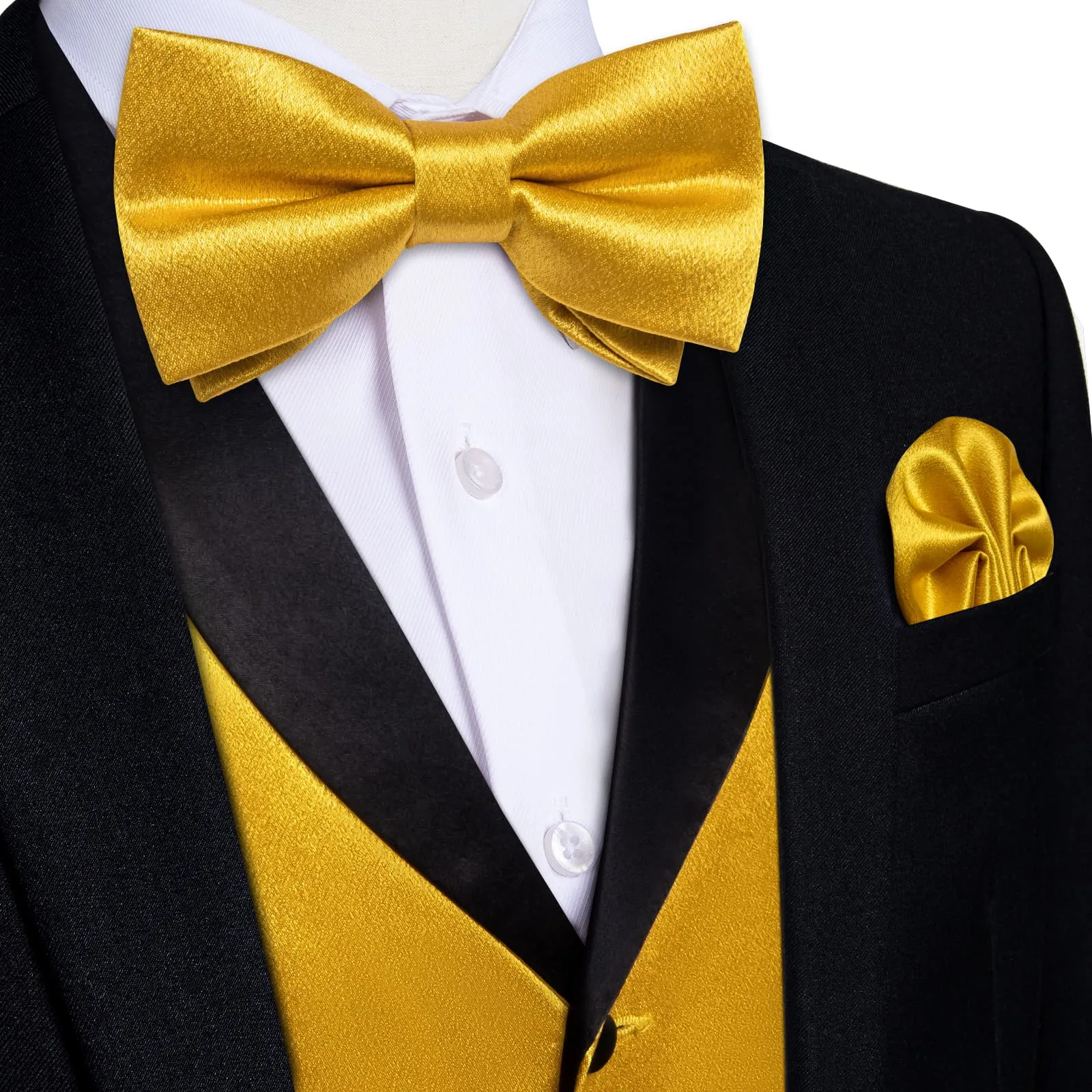 DiBanGu Tuxedo Vest Urobilin Yellow Solid Silk Mens Button Vest and Bow Tie Set