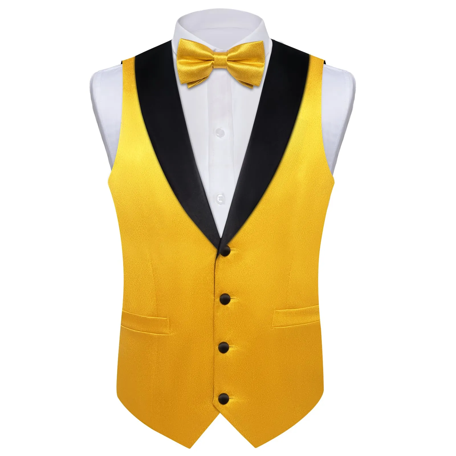 DiBanGu Tuxedo Vest Urobilin Yellow Solid Silk Mens Button Vest and Bow Tie Set