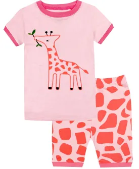 Elowel Girls Shorts Giraffe 2 Piece Pajamas Set 100% Cotton (Size Toddler-10Y)