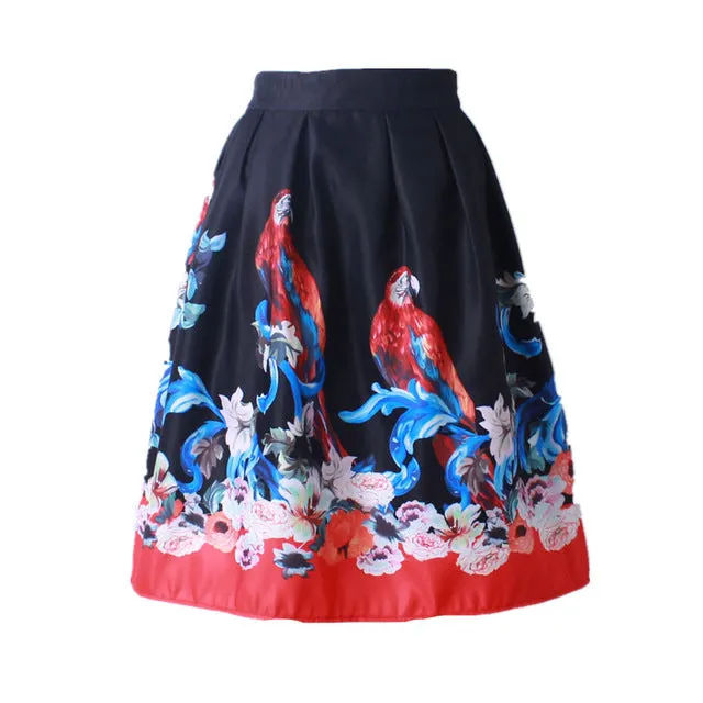 GOKIC 2017 Summer Women Vintage Retro Satin Floral Pleated Skirts Audrey Hepburn Style High Waist A-Line tutu Midi Skirt