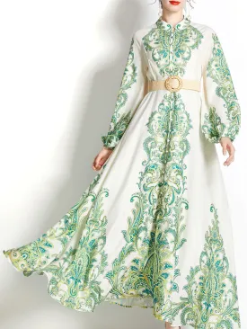 Green Stand Collar  Print Long Sleeve Bohemian Dress Maxi Dress