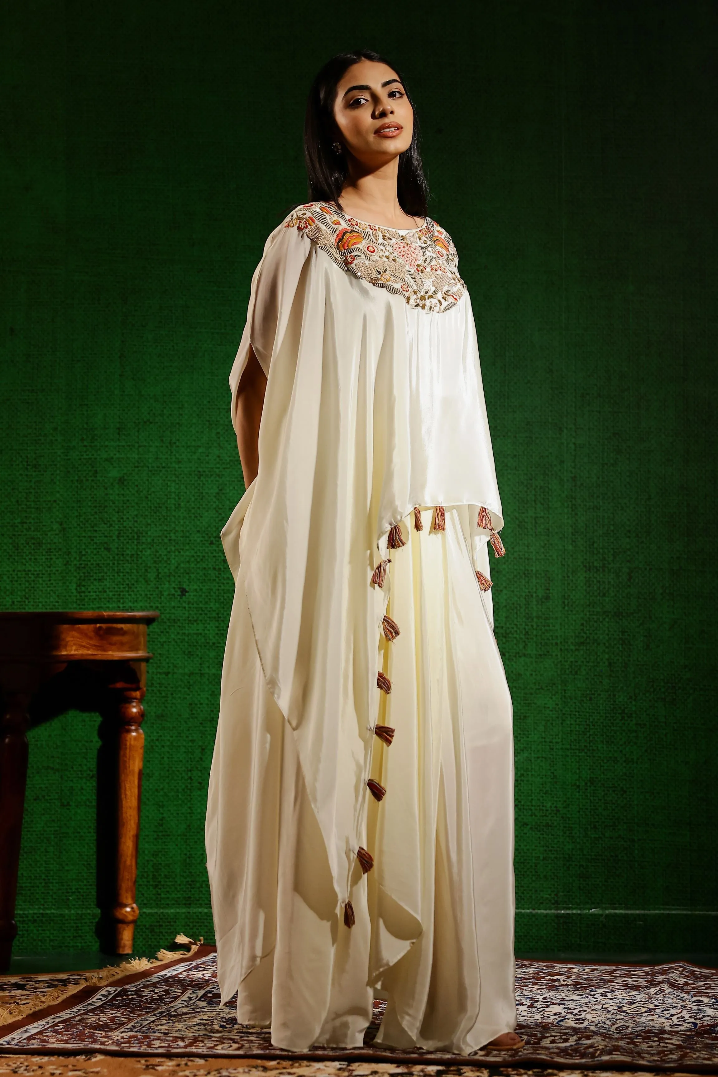 Ivory Embroidered Habutai Silk Skirt Set