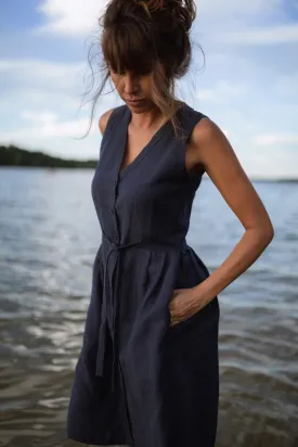 June Dress Sleeveless in Navy Linen