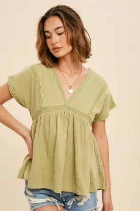 Lace V-Neck Blouse Avocado