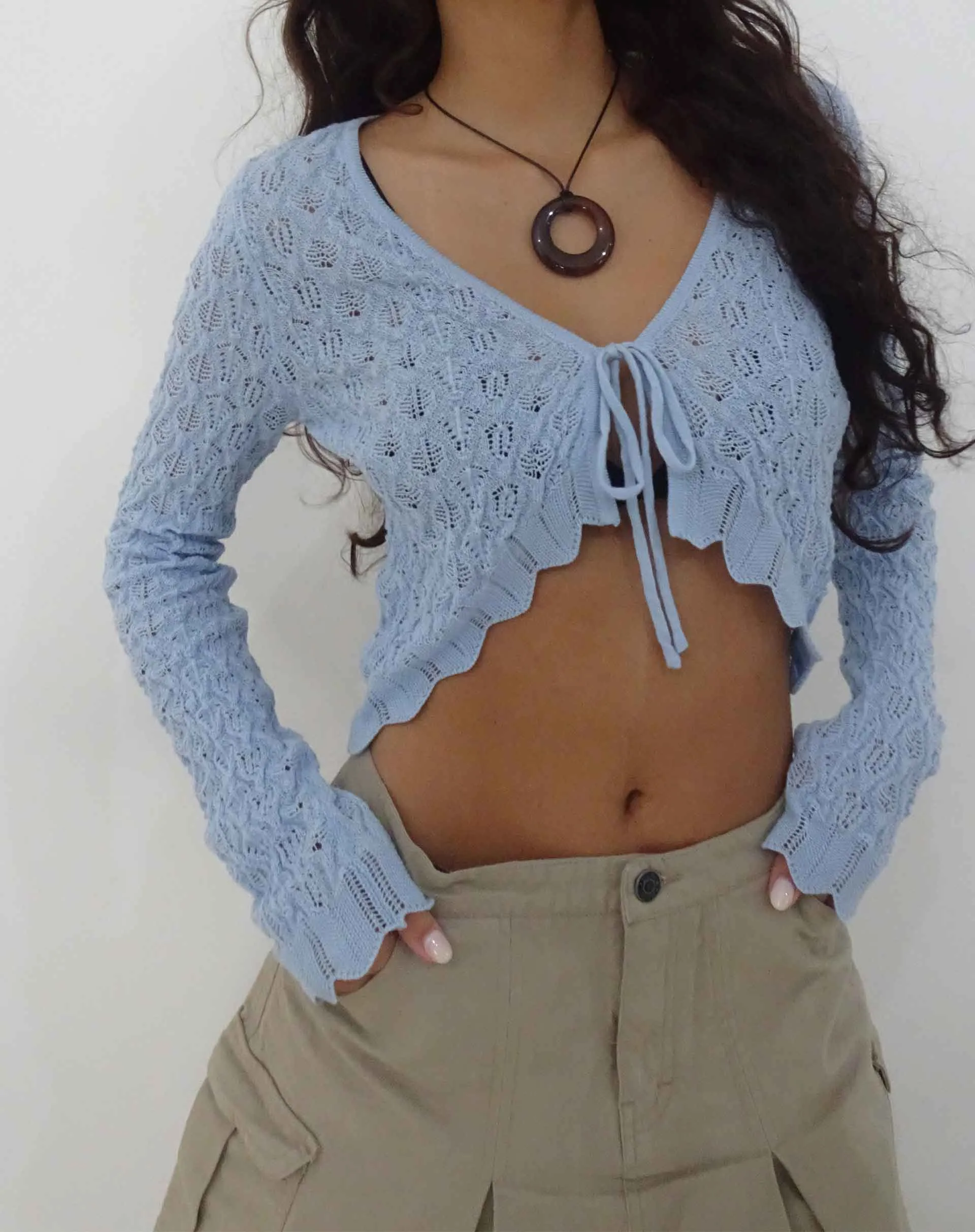 Lexi Pointelle Knit Cropped Cardigan in Baby Blue