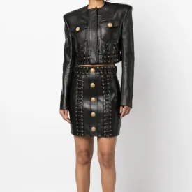 Lona Double Pocket Leather Jackett   Eyelet Embellished Buttoned Leather Mini Skirt Set