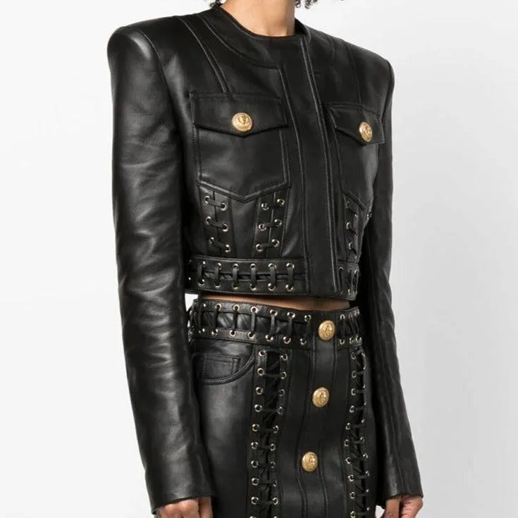 Lona Double Pocket Leather Jackett   Eyelet Embellished Buttoned Leather Mini Skirt Set