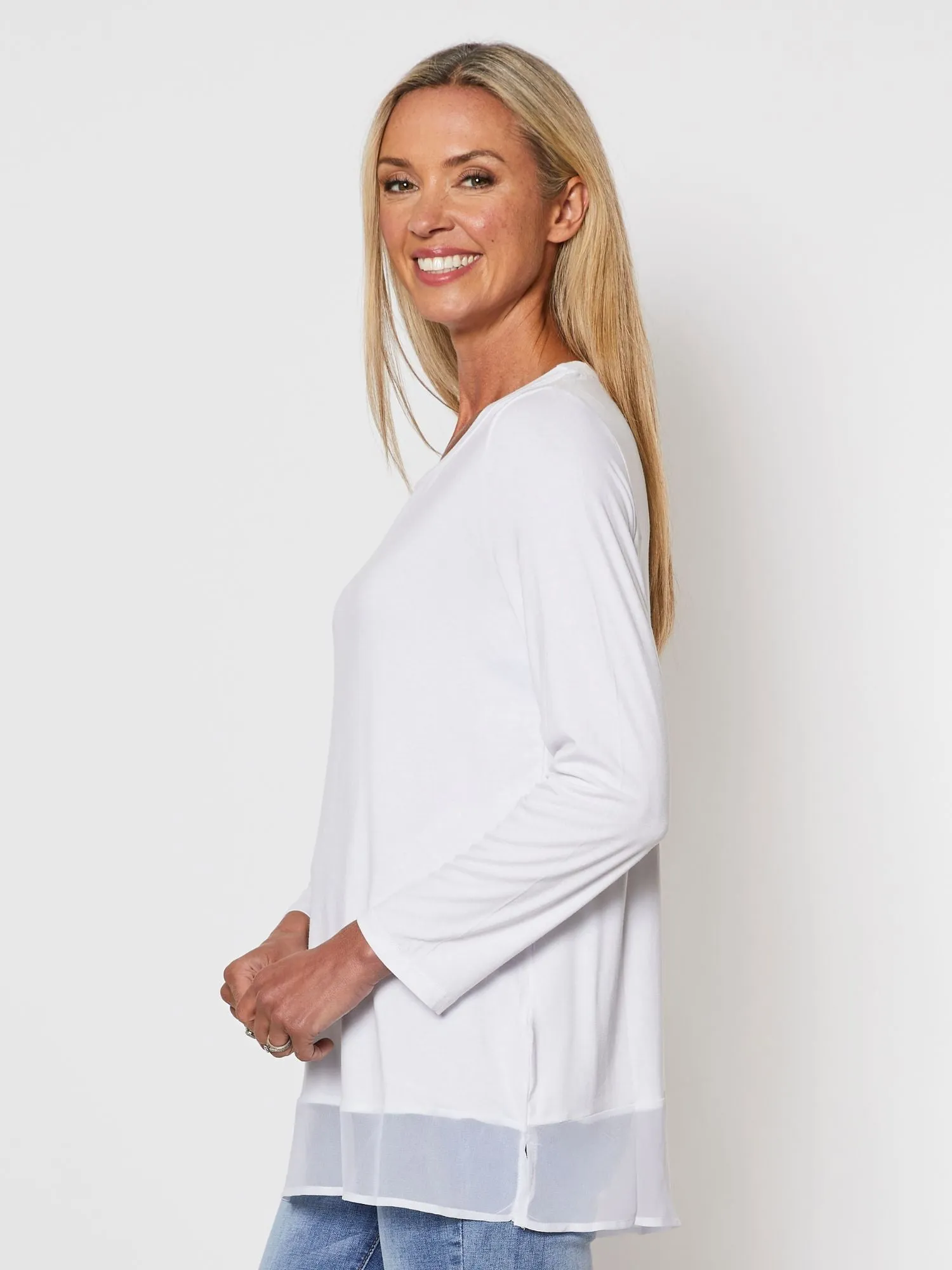 Long Sleeve Georgette Hem T-shirt - White