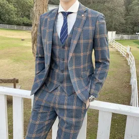 Men's Suit Groom's Wedding Dress Men's Business Korean Version Slim Fitting Plaid Casual Suit Three Piece Suit