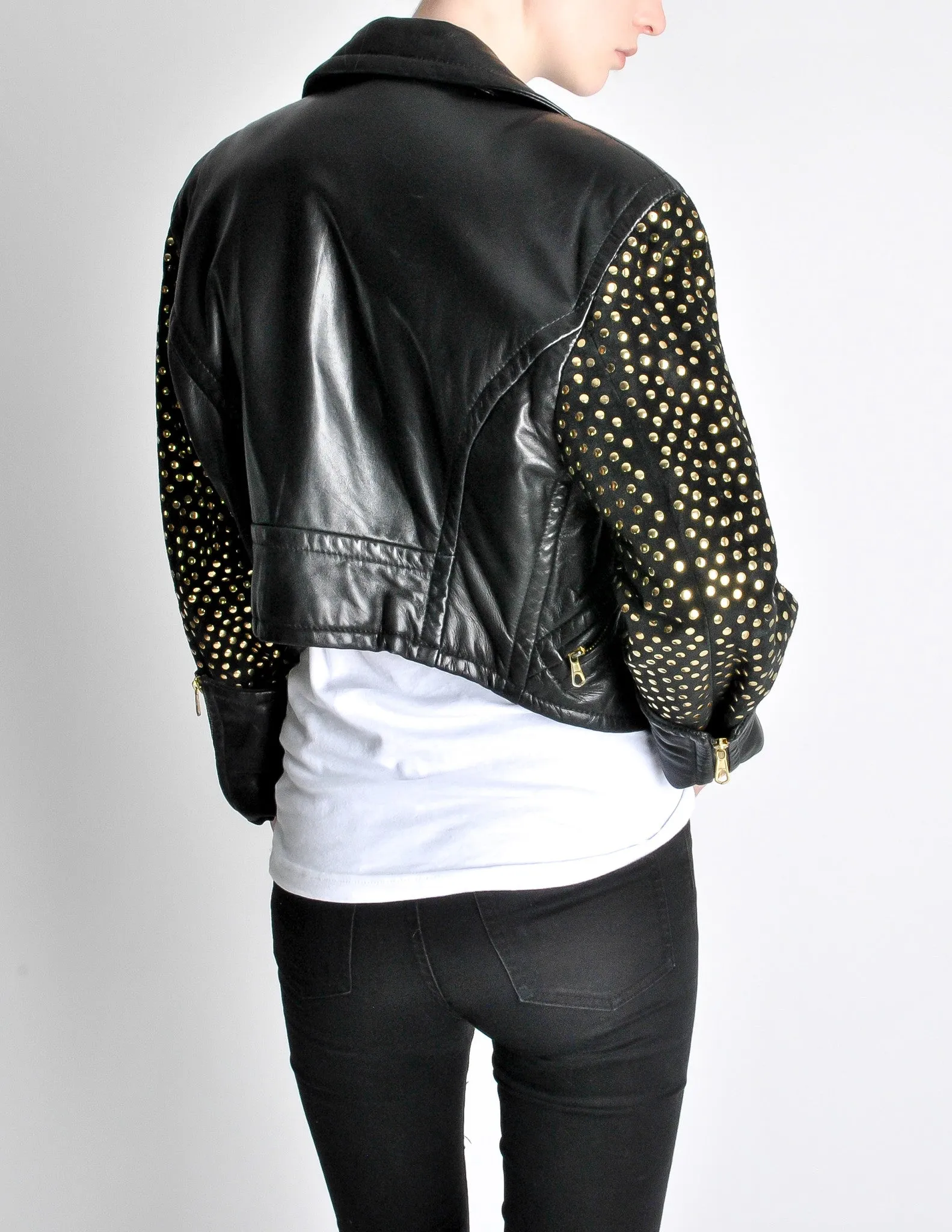 Moschino Vintage Studded Black Leather Cropped Moto Jacket