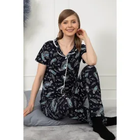 Navy Patterned Buttoned Pajamas Set