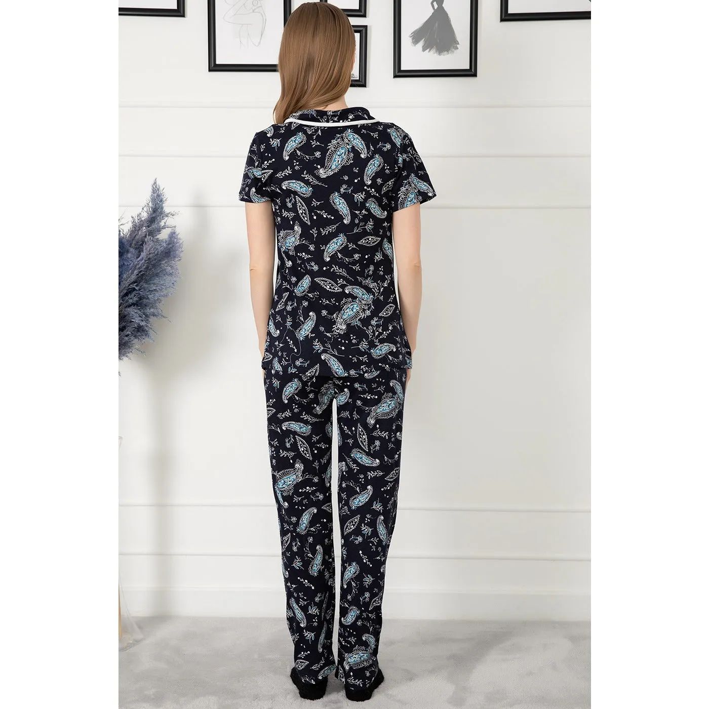 Navy Patterned Buttoned Pajamas Set