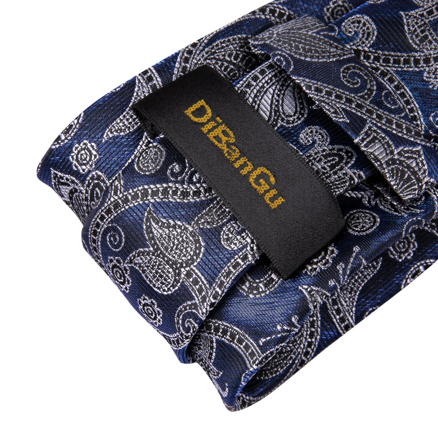 Novelty Blue Grey floral Tie Handkerchief Cufflinks Set